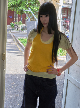 Carbon Water 25真两件上衣/深黄色挂脖吊带背心/南瓜色浅黄短袖