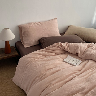 独家撞色A类裸睡双层纱皱皱纱全棉100纯棉床单床笠被套床品四件套