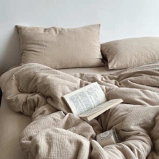 美拉德风A类裸睡双层皱皱纱燕麦纯色全棉纯棉床单被套床品四件套