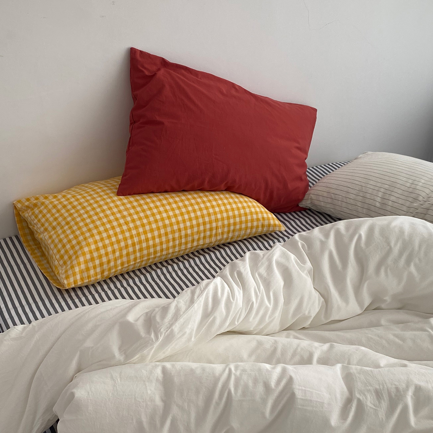 博主混搭英式灰条纹色织全棉100纯棉被套被罩床单床笠四件套床品