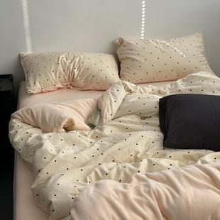 ins冬季少女心｜法式奶油波点保暖双层纱拼牛奶绒床上四件套床品3