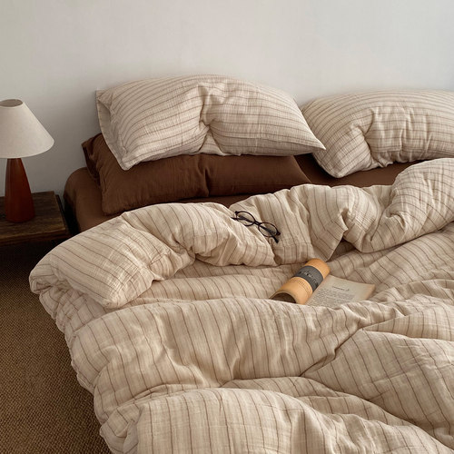 全棉条纹双层纱床上四件套简约