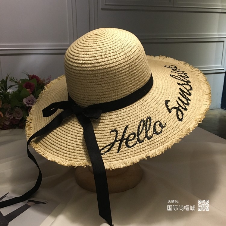 海边大檐帽女夏天旅游度假沙滩帽字母蝴蝶结毛边草帽防晒遮阳帽子