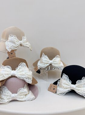 甜美蕾丝系带蝴蝶结草帽女夏季田园风大檐出游海边防紫外线太阳帽