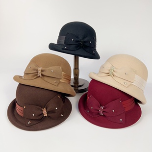 羊毛呢渔夫帽女秋冬新款法式复古水钻蝴蝶结羊毛毡帽赫本风盆帽潮