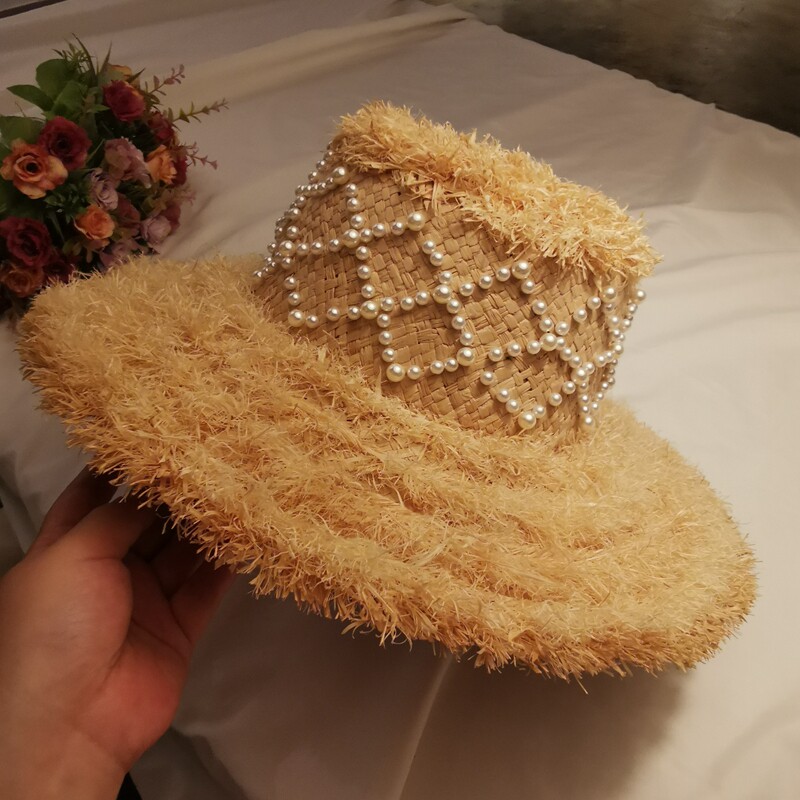 网红同款大毛边拉菲草帽珍珠大檐帽欧美名媛礼帽女神平顶沙滩帽子