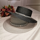 帽子女夏天防紫外线平顶礼帽海边度假沙滩帽水钻M帽欧根纱大檐帽