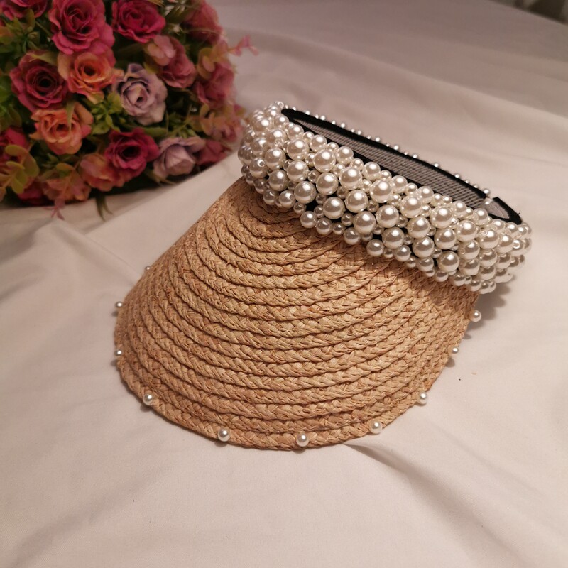 网红同款珍珠帽子发卡拉菲草空顶帽无顶防晒沙滩帽手工缝制鸭舌帽