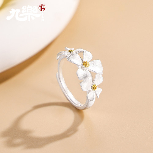 足银999金色花蕊古法花朵戒指