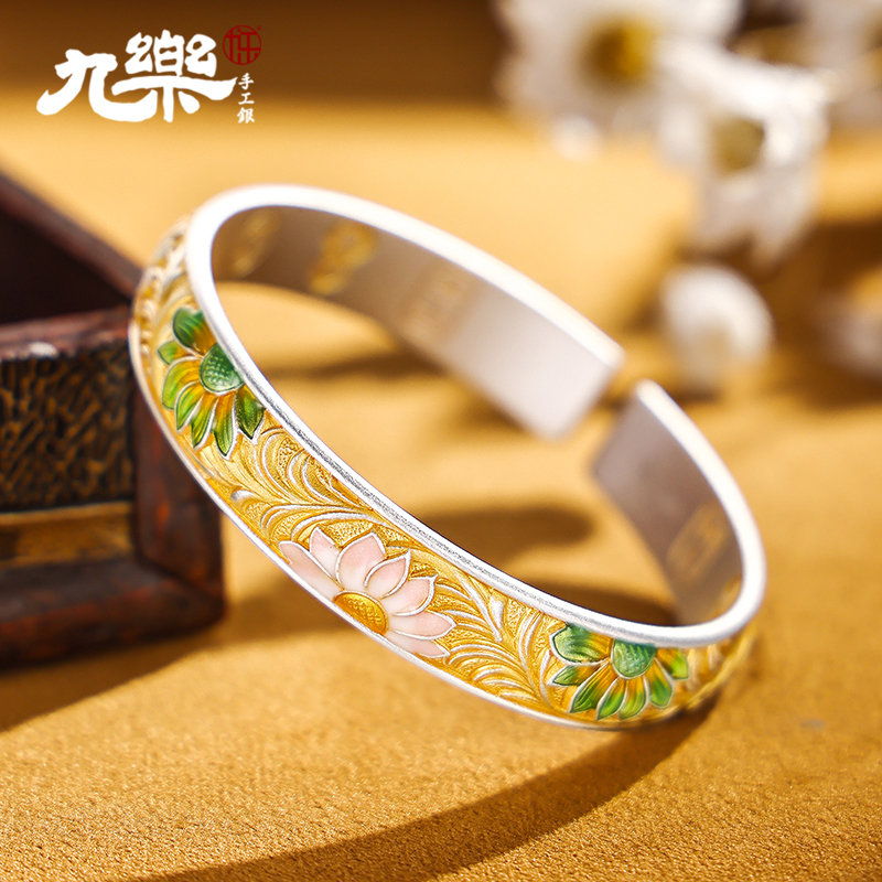足银999珐琅向日葵描金手镯