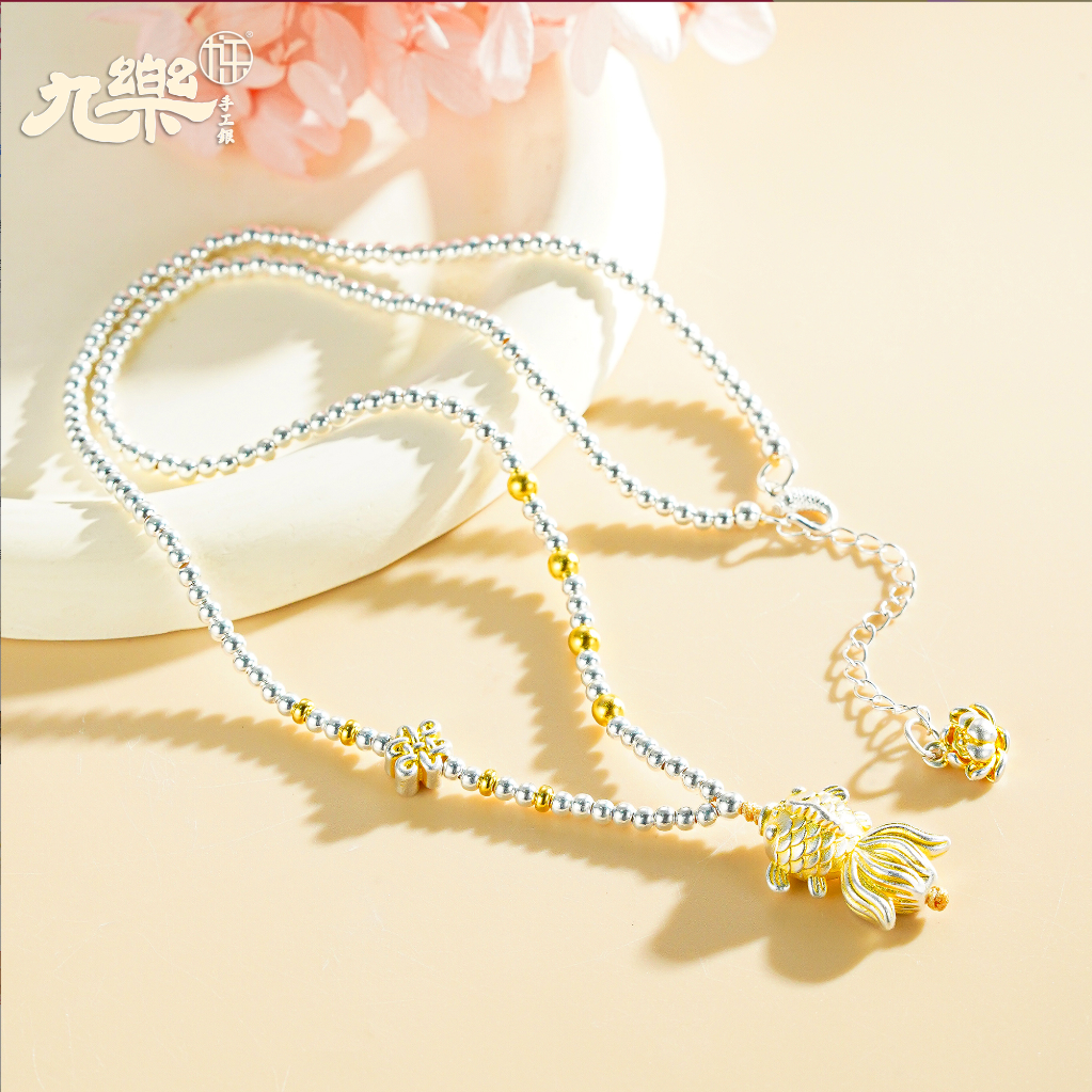 【zb】金鳞渡月描金金鱼中国结莲花足银银饰