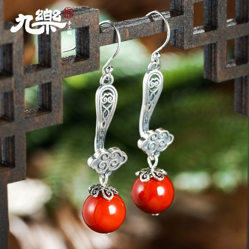 S925纯银如意南红珠耳坠