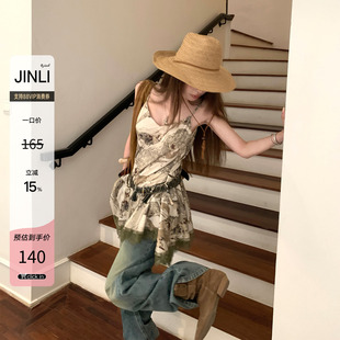 JINLI锦里'漫不经心'蕾丝拼接小衫夏不规则度假风雪纺吊带背心女