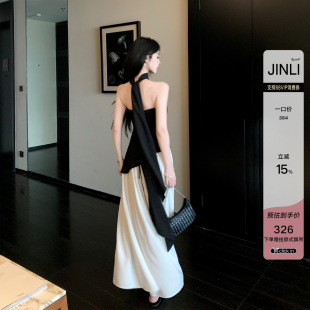 JINLI锦里 撞色拼接露肩连衣裙女夏季2026新款收腰显瘦气质长裙