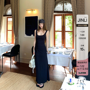 JINLI锦里'人皆肯豆'侧面敲气眼修身半裙针织背心套装裙女两件套