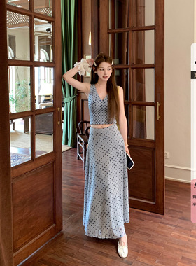 JINLI锦里'晕染工艺裙'法式夏收腰半裙蓝色波点短款背心套装裙女