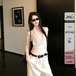 JINLI锦里 假两件挂脖荡领T恤女修身显瘦春季2026新款一字肩上衣