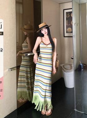 JINLI锦里'多巴胺神女裙！显瘦无袖韩系条纹绿色针织吊带连衣裙女