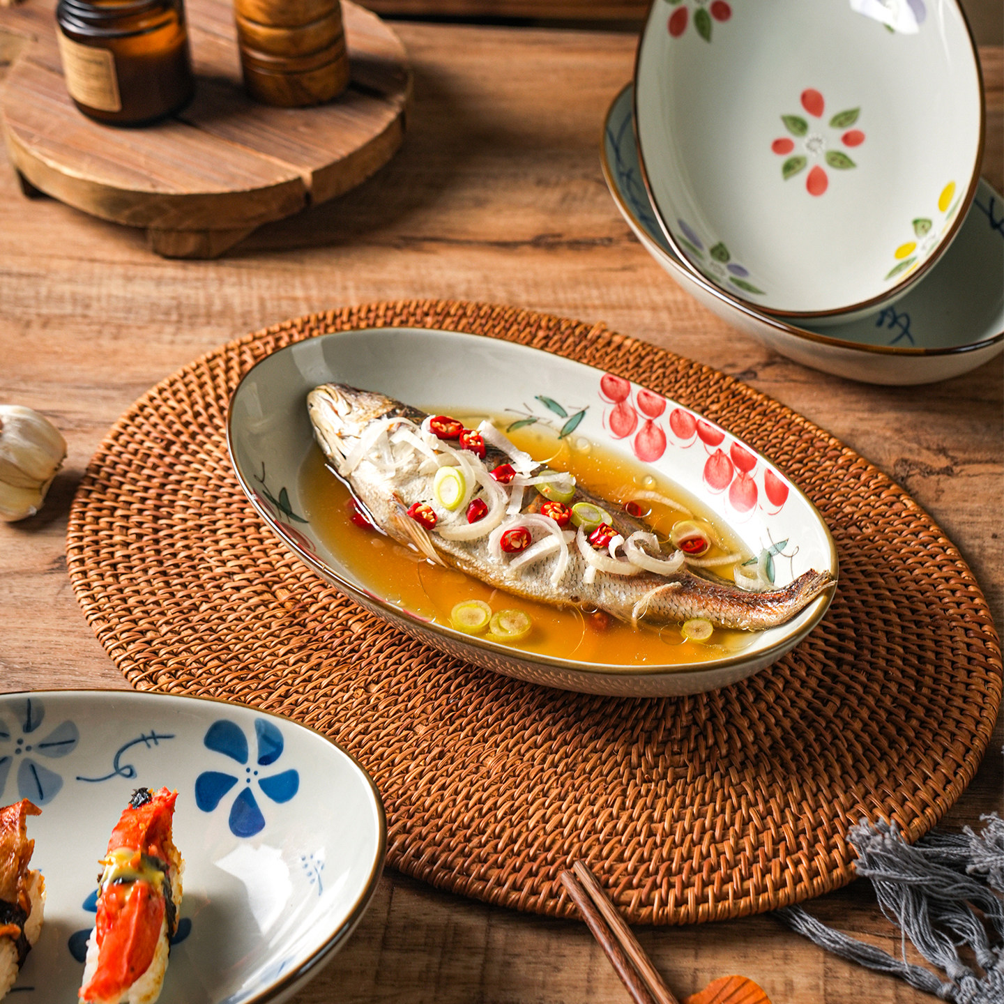 舍里中式釉下彩陶瓷鱼盘家用复古耐高温大号菜盘餐盘深盘蒸鱼盘子,餐饮具,盘,淘宝优惠券,粉丝福利购,淘宝优惠卷