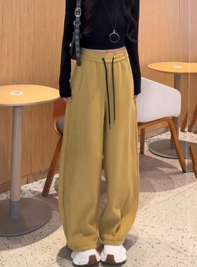 黄色加绒加厚保暖休闲卫裤女2026春秋新款时尚百搭高腰显瘦弯刀裤