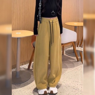 百搭高腰显瘦弯刀裤 时尚 女2026春秋新款 黄色加绒加厚保暖休闲卫裤