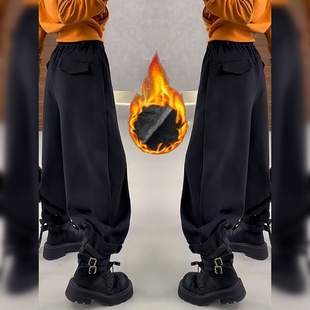 黑色阔腿休闲裤子女秋冬季新款大码胖mm宽松显瘦厚绒抽绳束脚卫裤