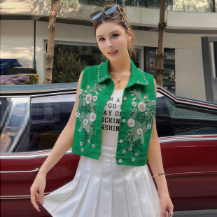 大码 无袖 外搭显瘦墨绿色弹力坎肩 春夏宽松新款 牛仔马甲女背心短款