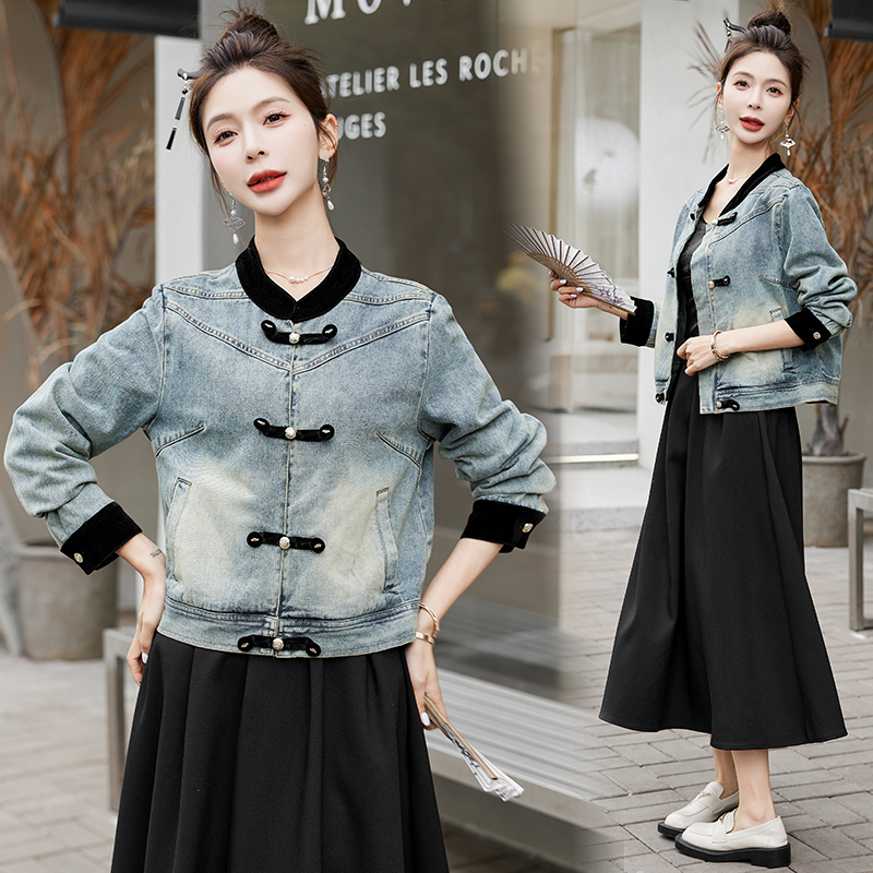 新中式国风拼接盘扣夹克牛仔外套