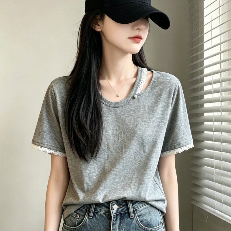 灰色设计感缕空蕾丝T恤女夏季新款洋气圆领百搭显瘦锁骨短袖上衣