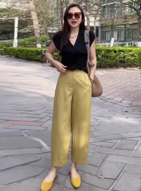 哈伦裤九分小个子亚麻休闲裤子