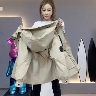 休闲收腰夹棉风衣棉服 工装 冲锋衣外套女2026春秋新款 高级感中长款