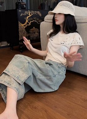 直筒宽松阔腿显瘦拍照出片牛仔裤