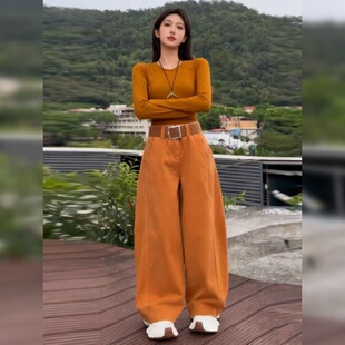 橘色弯刀加绒牛仔裤女春秋2026年新款高腰显瘦宽松直筒拖地阔腿裤
