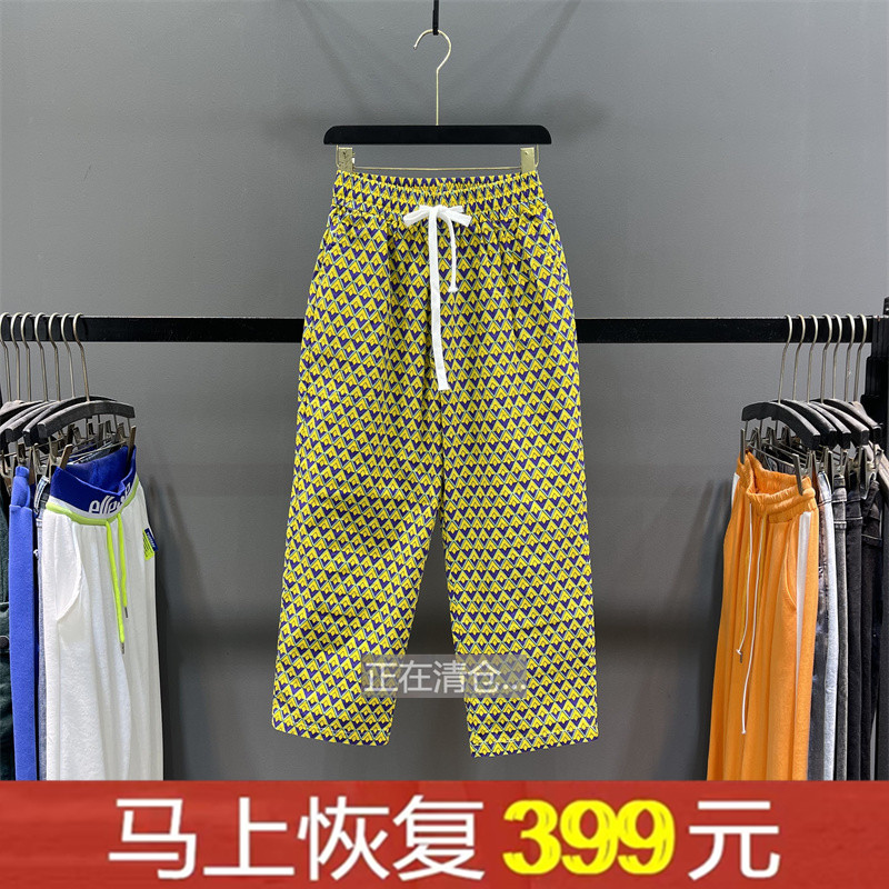 欧货印花菱形格直筒哈伦老爹裤
