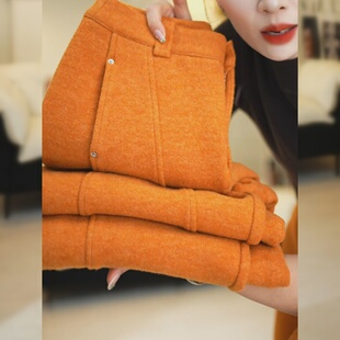 南瓜橙羊毛弯刀阔腿裤女秋冬季2026新款高腰显瘦加厚直筒休闲裤子