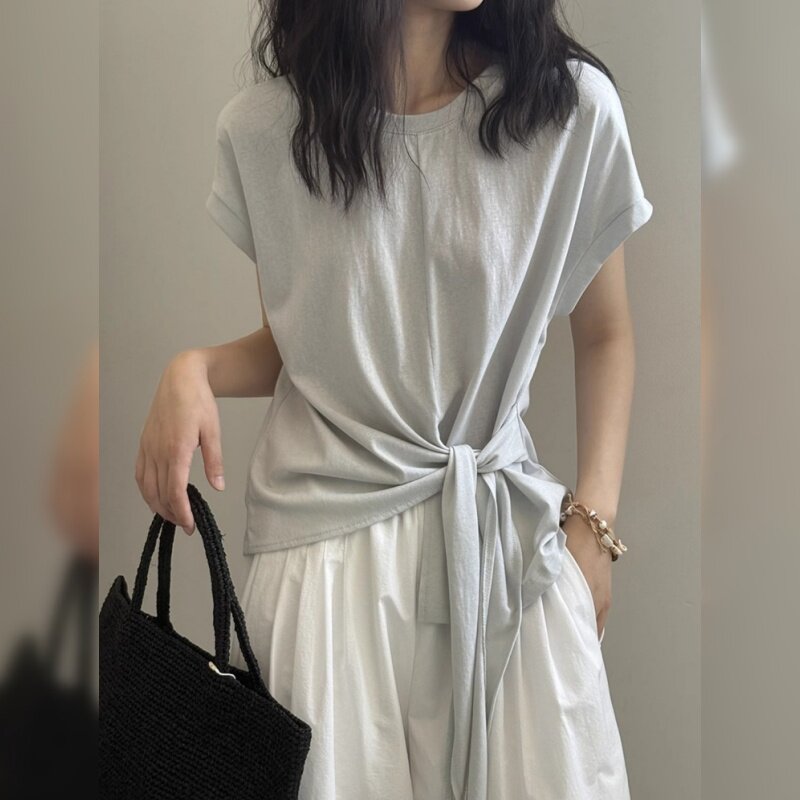 薄荷灰不规则开叉正肩短袖t恤女夏季设计感小众修身上衣2026新款
