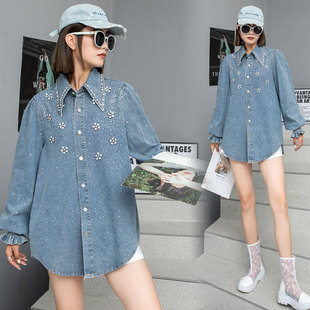 重工钉珠蓝色牛仔衬衫女2025春秋新款设计感宽松气质百搭上衣外套
