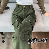 高腰hiphop运动阔腿冲锋裤 军绿色炸街工装 子 2025新款 美式 裤 女夏季