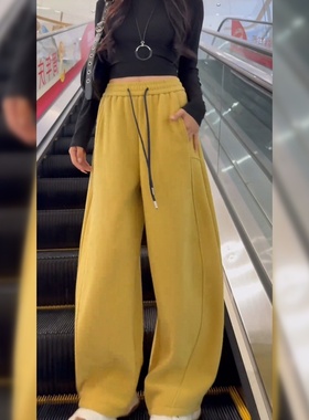 黄色加绒裤子女春秋2026新款爆款加厚长裤休闲运动卫裤阔腿弯刀裤