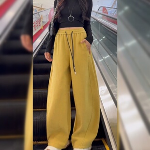 子女春秋2026新款 阔腿弯刀裤 爆款 休闲运动卫裤 加厚长裤 黄色加绒裤