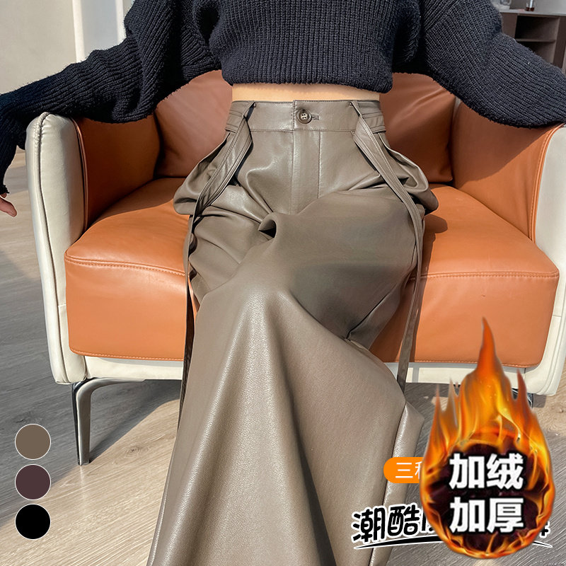 通勤韩版高腰哑光加绒加厚阔腿裤
