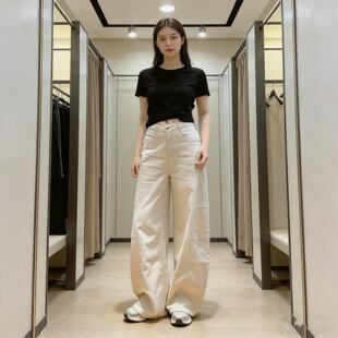 米杏色窄版弯刀牛仔裤女春夏季薄款大码胖mm高腰显瘦阔腿休闲裤子
