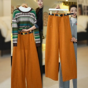 南瓜橙加绒羊毛弯刀裤女2026冬季新款高腰显高毛呢加厚阔腿镰刀裤