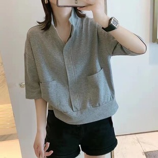 纯棉卫衣T恤女短袖2026夏季新款韩版宽松上衣薄款半拉链立领外套
