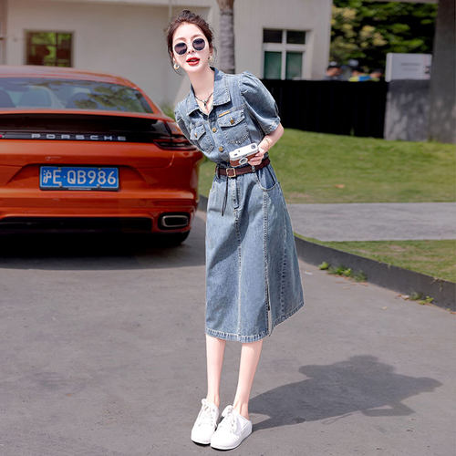 高端复古短袖软牛仔连衣裙女