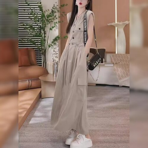 胖mm收腰显瘦抽绳无袖背心长裙子