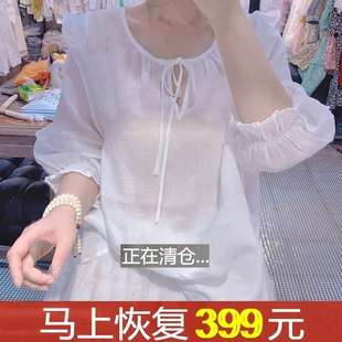 捡漏专柜撤回尾单外贸欧货麻棉套装女夏7分袖上衣短裤两件套