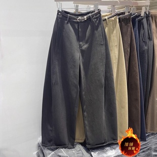 高腰卷边加绒加厚休闲直筒裤女2025冬季新款宽松显瘦保暖阔腿长裤