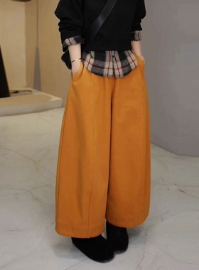 姜黄色抽绳高腰加绒加厚弯刀阔腿卫裤女2025秋冬宽松直筒运动裤子