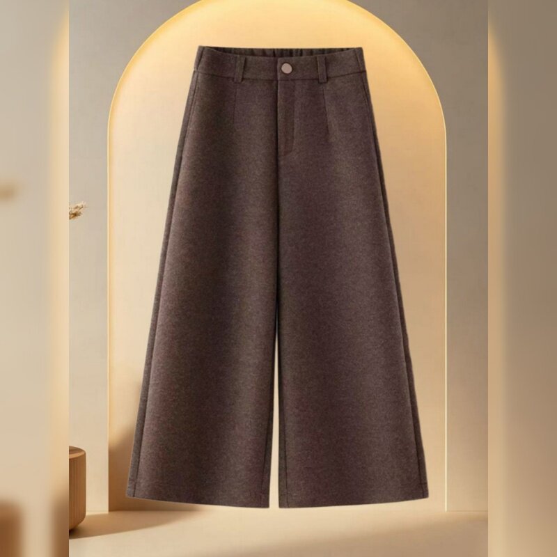 加绒加厚咖啡色羊绒九分直筒裤子